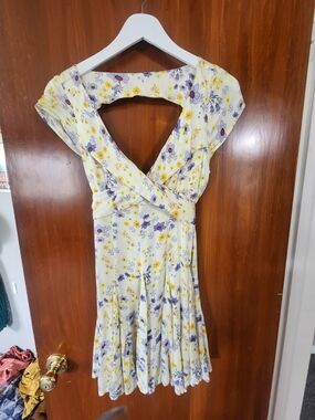 Free People Yellow and Purple Floral Wrap Mini Dress